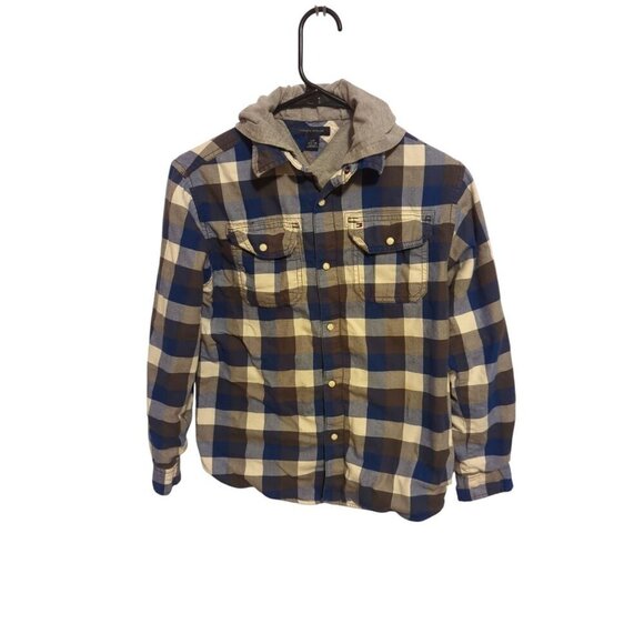 tommy hilfiger Boys Shacket Size Large (12-14) Blue Plaid Hooded Pearl Snaps - Picture 1 of 13